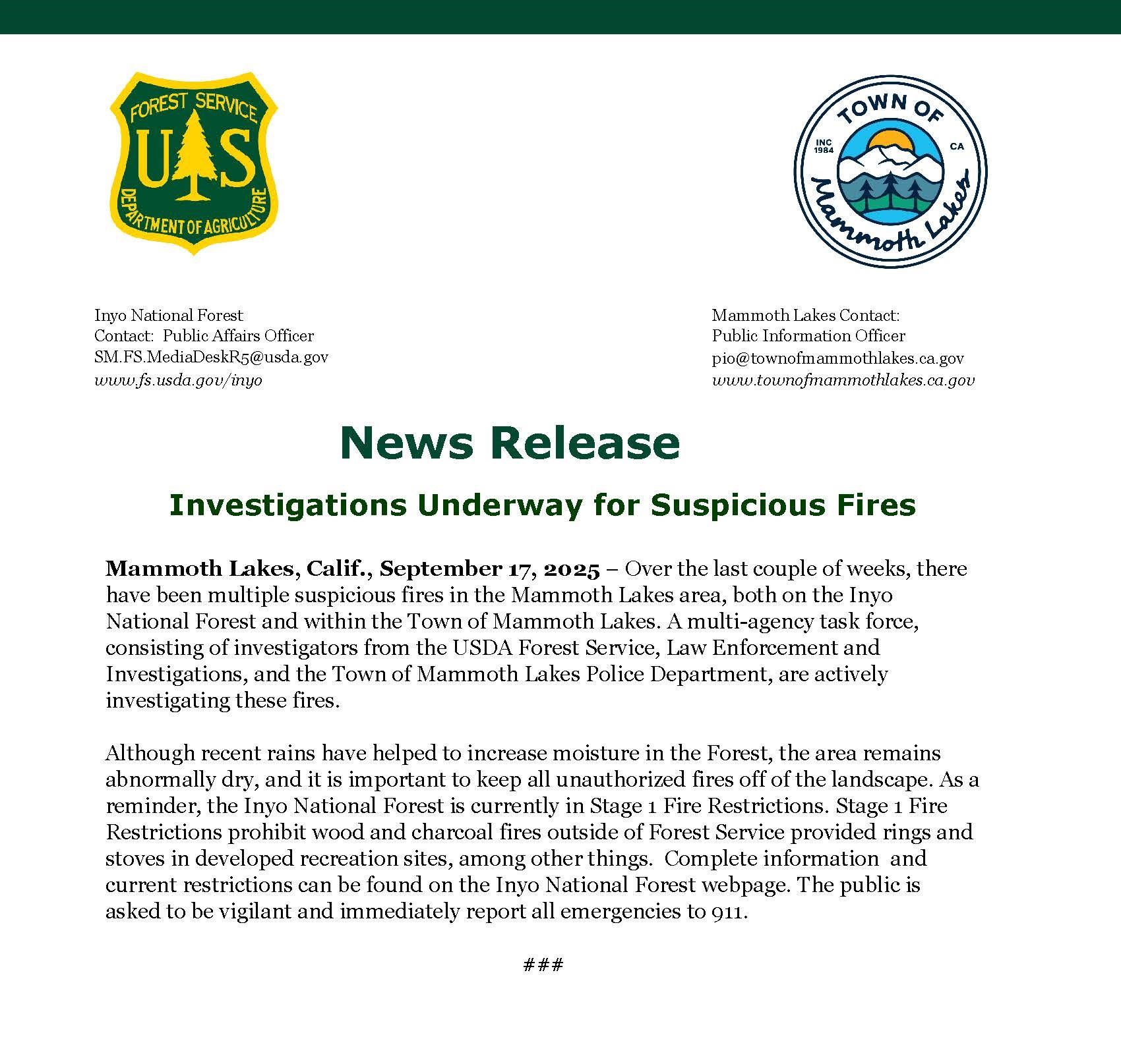 Investigations Underway for Suspicious Fires in Mammoth Lakes Area Cropped